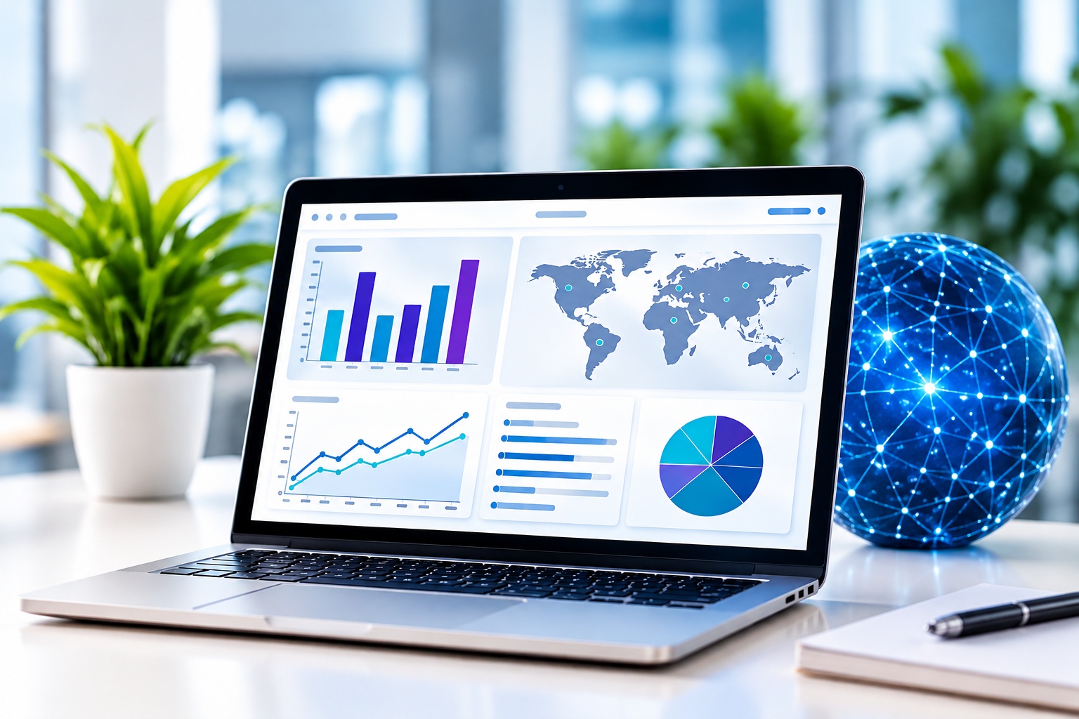 Laptop displaying research analytics and a connected global data dashboard